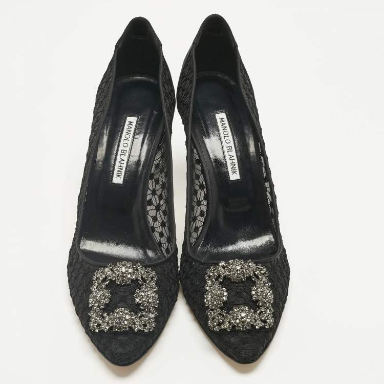 Pre Owned Manolo Blahnik Black Mesh and Satin Hangisi Pumps Size 42