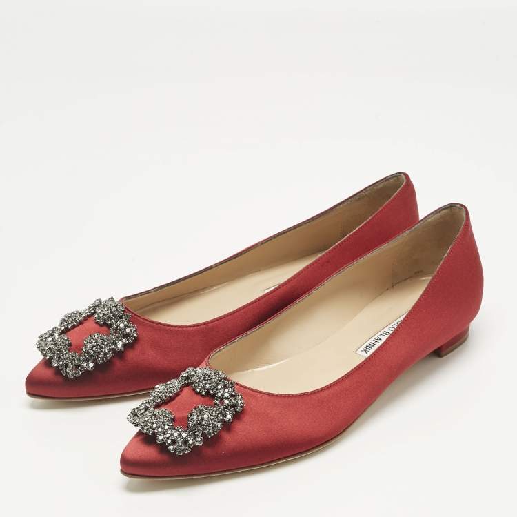 Pre Owned Manolo Blahnik Dark Red Satin Hangisi Ballet Flats Size 38
