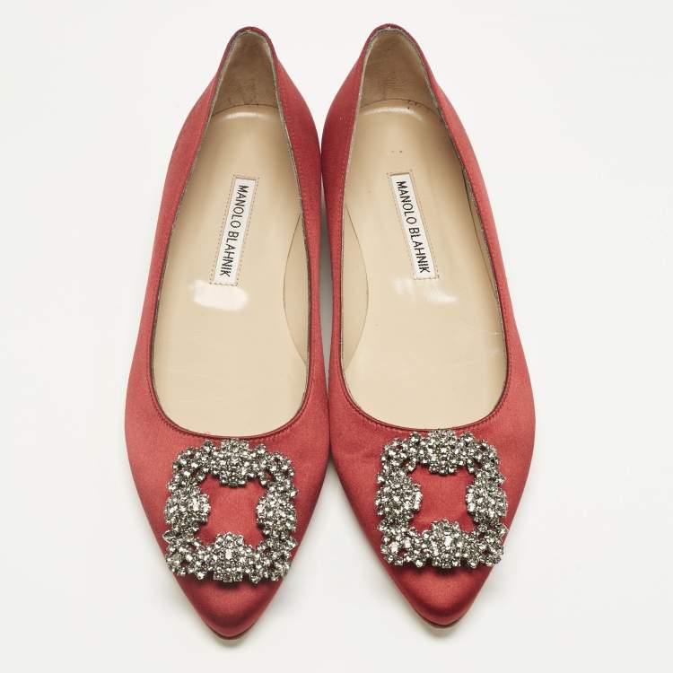 Pre Owned Manolo Blahnik Dark Red Satin Hangisi Ballet Flats Size 38