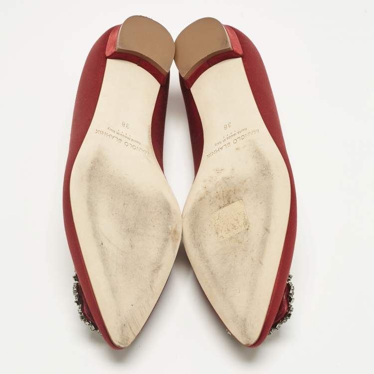 Pre Owned Manolo Blahnik Dark Red Satin Hangisi Ballet Flats Size 38