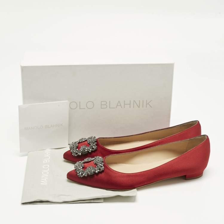 Pre Owned Manolo Blahnik Dark Red Satin Hangisi Ballet Flats Size 38