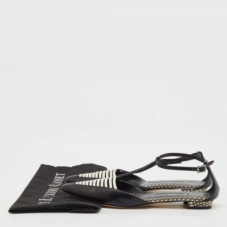 Pre Owned Manolo Blahnik Black/White Leather Carolyne Flat Strappy Sandals Size 36