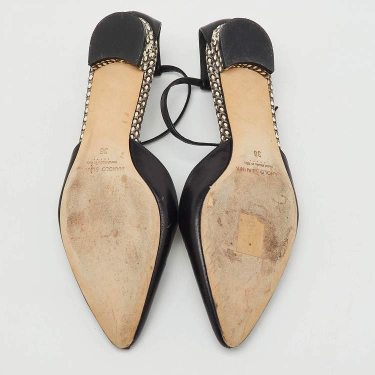 Pre Owned Manolo Blahnik Black/White Leather Carolyne Flat Strappy Sandals Size 36
