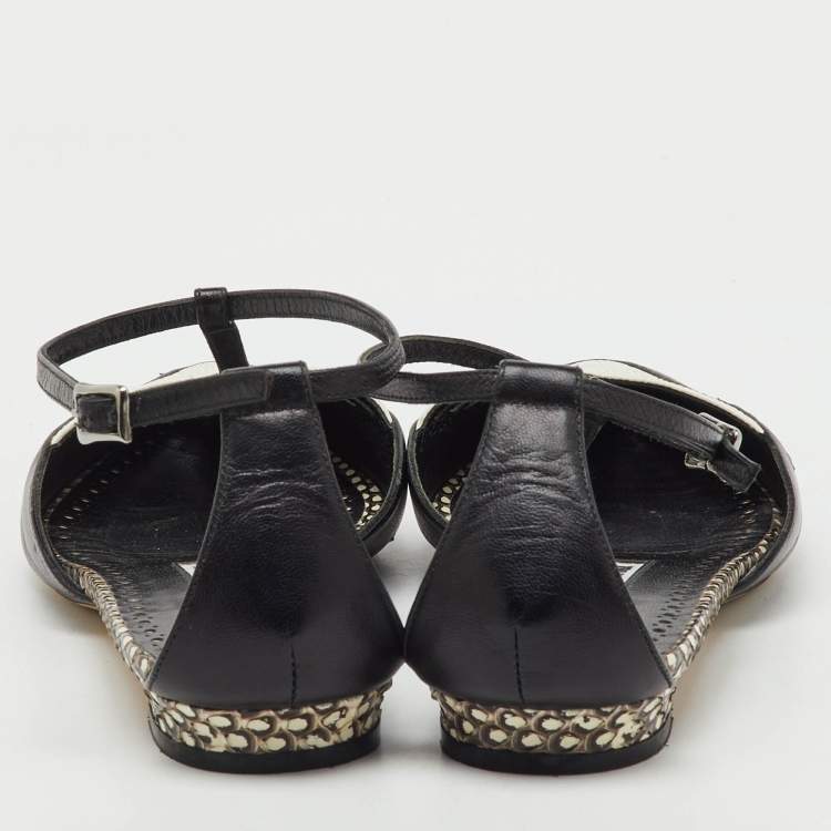 Pre Owned Manolo Blahnik Black/White Leather Carolyne Flat Strappy Sandals Size 36