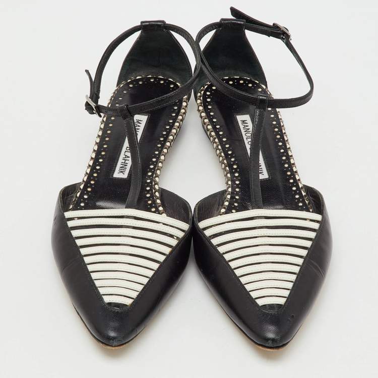 Pre Owned Manolo Blahnik Black/White Leather Carolyne Flat Strappy Sandals Size 36