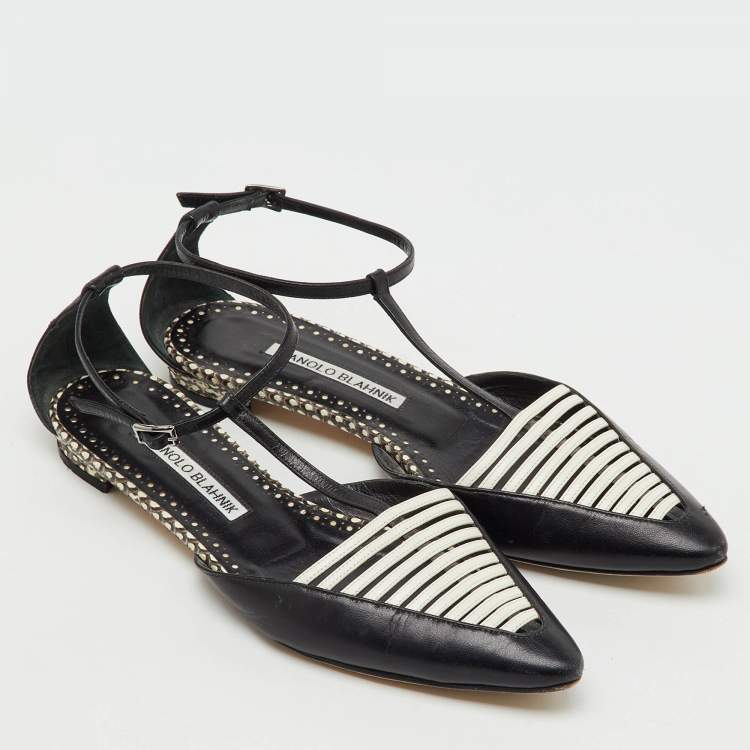 Pre Owned Manolo Blahnik Black/White Leather Carolyne Flat Strappy Sandals Size 36