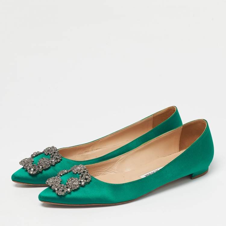 Pre Owned Manolo Blahnik Green Satin Hangisi Ballet Flats Size 37.5
