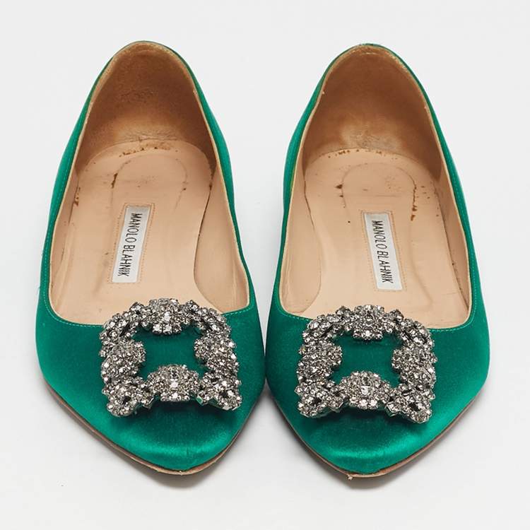 Pre Owned Manolo Blahnik Green Satin Hangisi Ballet Flats Size 37.5