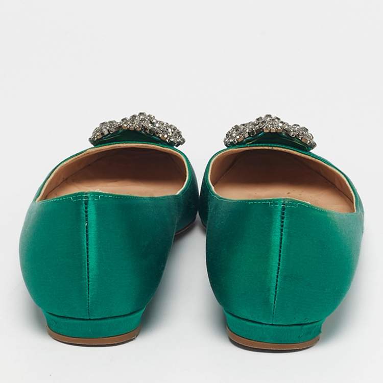Pre Owned Manolo Blahnik Green Satin Hangisi Ballet Flats Size 37.5
