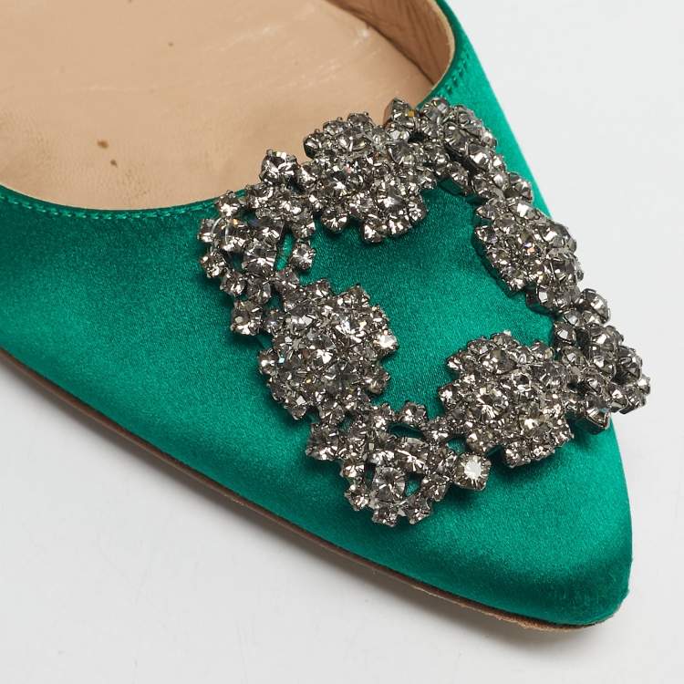 Pre Owned Manolo Blahnik Green Satin Hangisi Ballet Flats Size 37.5