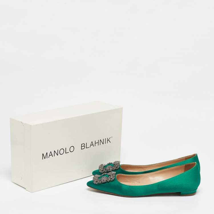 Pre Owned Manolo Blahnik Green Satin Hangisi Ballet Flats Size 37.5