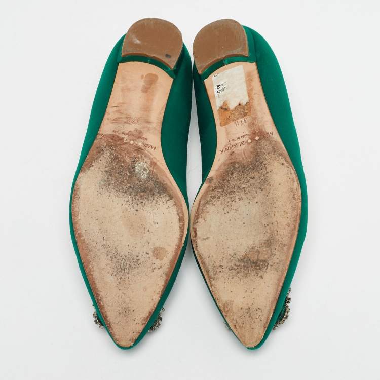 Pre Owned Manolo Blahnik Green Satin Hangisi Ballet Flats Size 37.5