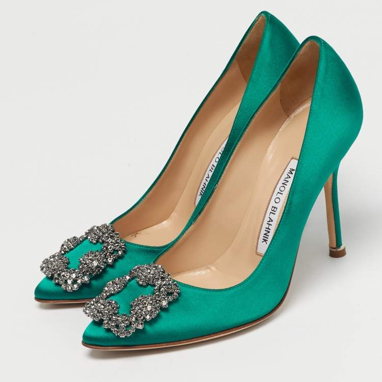 Pre Owned Manolo Blahnik Green Satin Hangisi Pumps Size 36