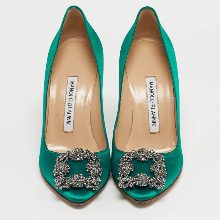 Pre Owned Manolo Blahnik Green Satin Hangisi Pumps Size 36