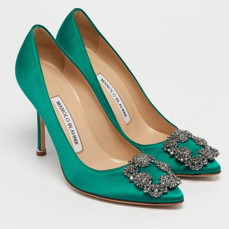 Pre Owned Manolo Blahnik Green Satin Hangisi Pumps Size 36