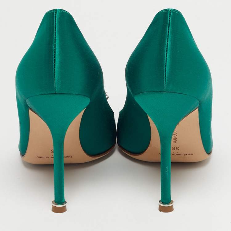 Pre Owned Manolo Blahnik Green Satin Hangisi Pumps Size 36