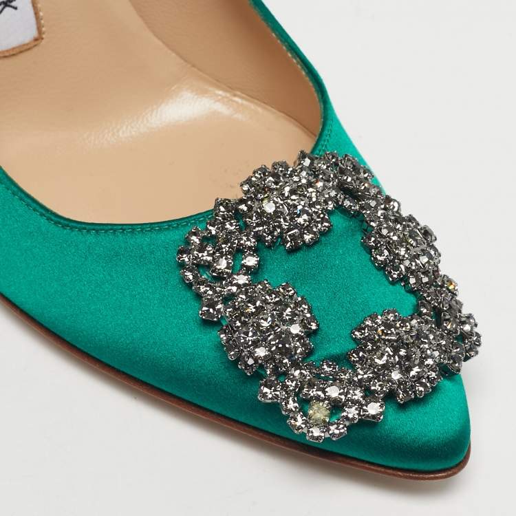 Pre Owned Manolo Blahnik Green Satin Hangisi Pumps Size 36