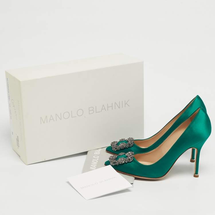 Pre Owned Manolo Blahnik Green Satin Hangisi Pumps Size 36