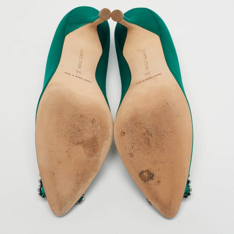 Pre Owned Manolo Blahnik Green Satin Hangisi Pumps Size 36