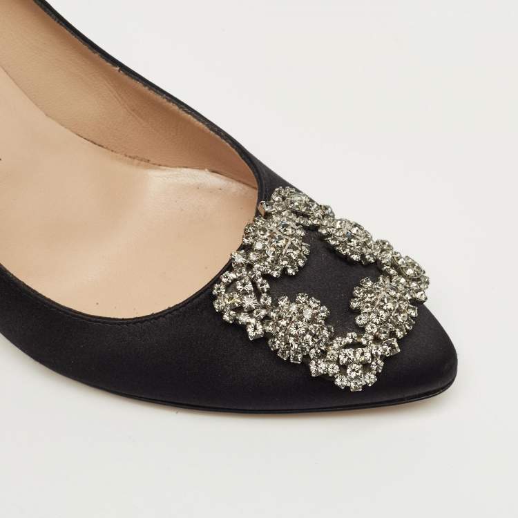 Pre Owned Manolo Blahnik Black Satin Hangisi Crystal Embellished Pumps Size 38.5