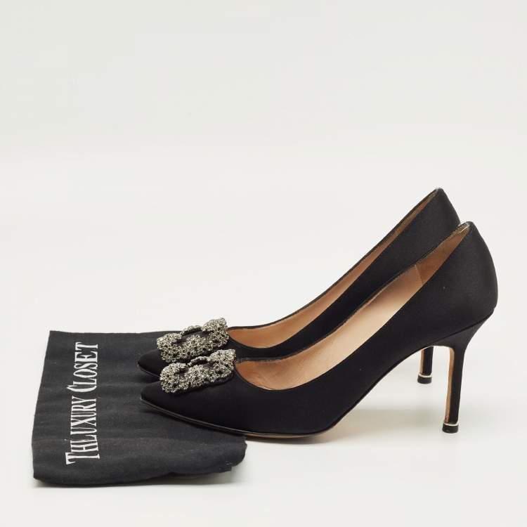 Pre Owned Manolo Blahnik Black Satin Hangisi Crystal Embellished Pumps Size 38.5