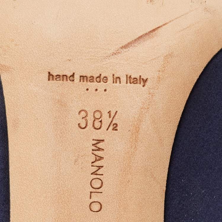 Pre Owned Manolo Blahnik Navy Blue Satin Hangisi Crystal Embellished Pumps Size 38.5