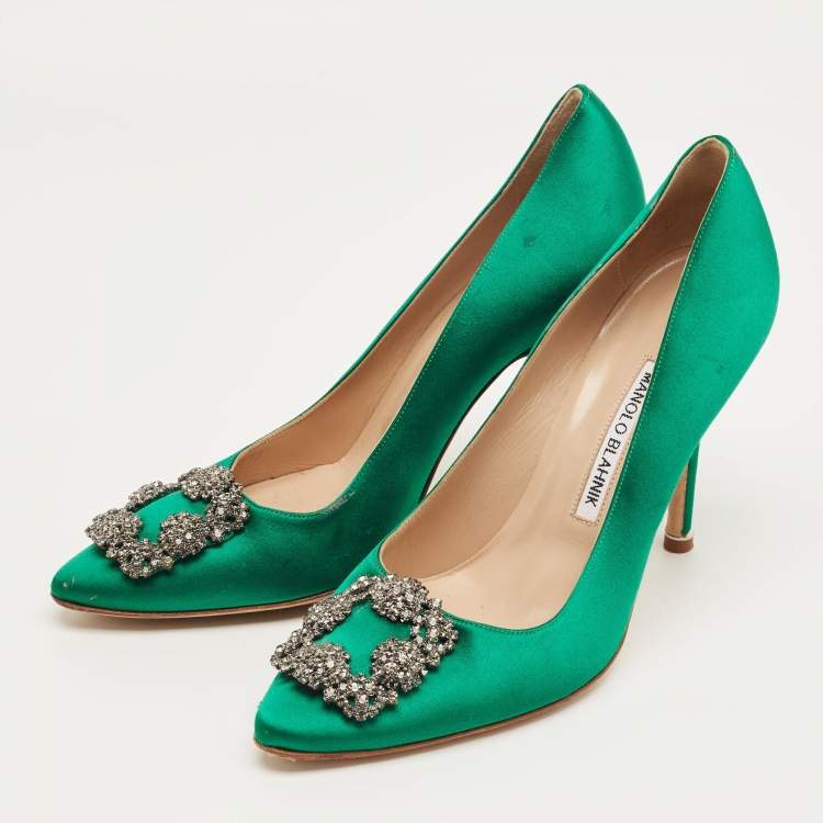 Pre Owned Manolo Blahnik Green Satin Hangisi Pumps Size 38.5