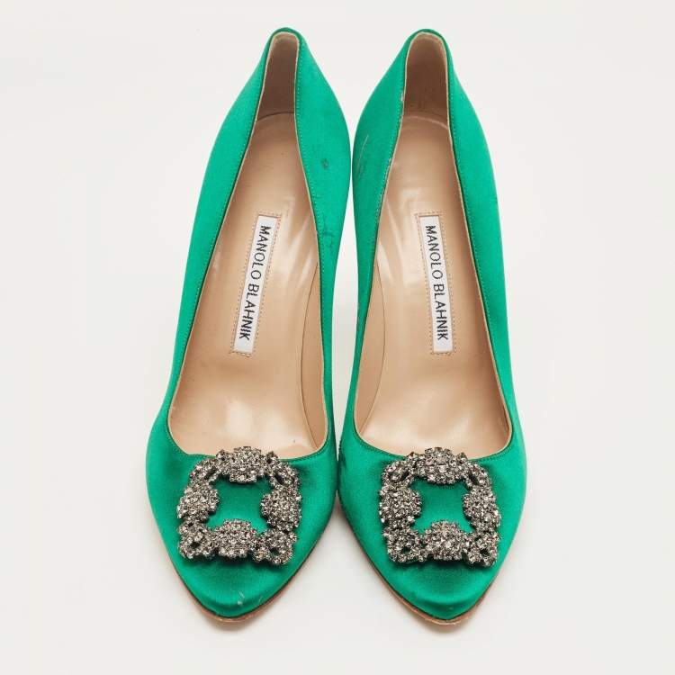 Pre Owned Manolo Blahnik Green Satin Hangisi Pumps Size 38.5