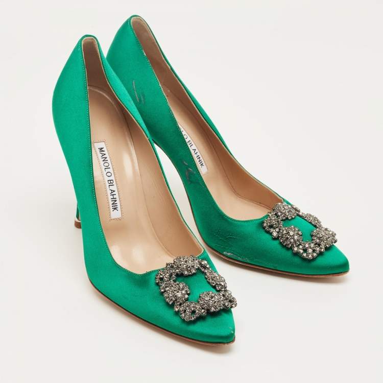 Pre Owned Manolo Blahnik Green Satin Hangisi Pumps Size 38.5