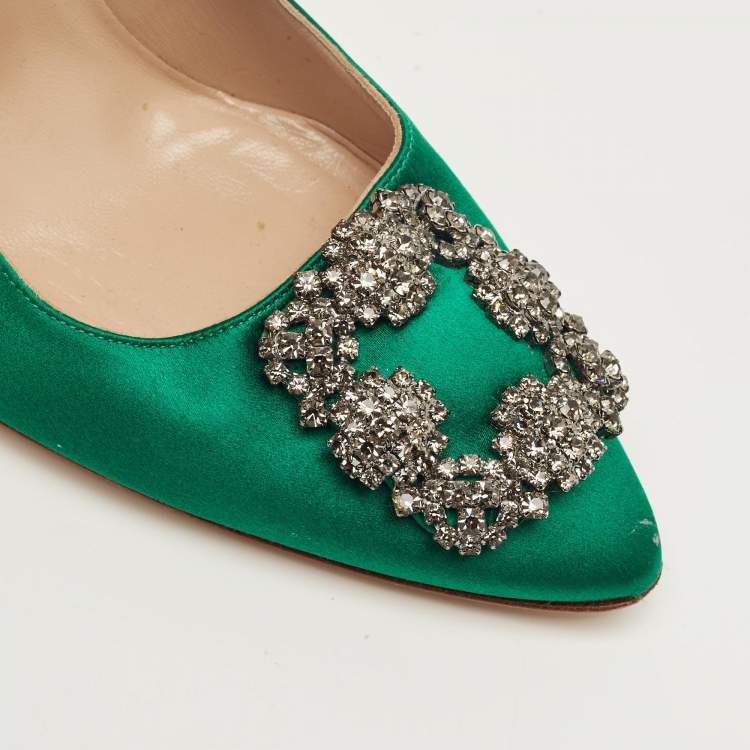 Pre Owned Manolo Blahnik Green Satin Hangisi Pumps Size 38.5