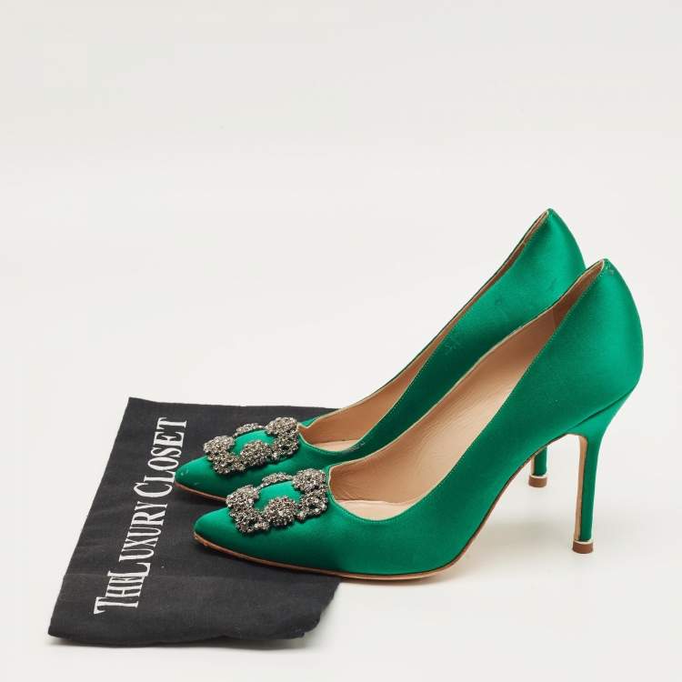 Pre Owned Manolo Blahnik Green Satin Hangisi Pumps Size 38.5