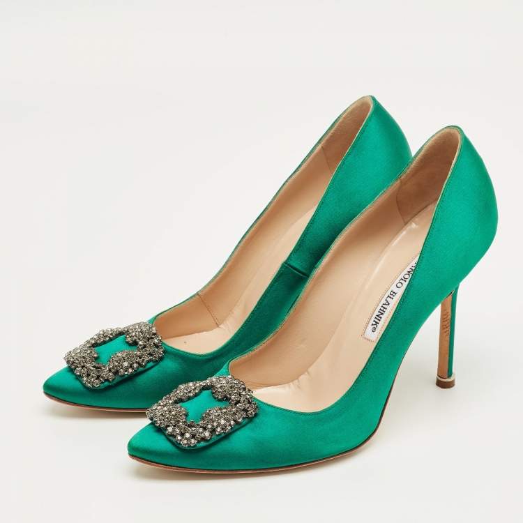 Pre Owned Manolo Blahnik Green Satin Hangisi Pumps Size 38.5