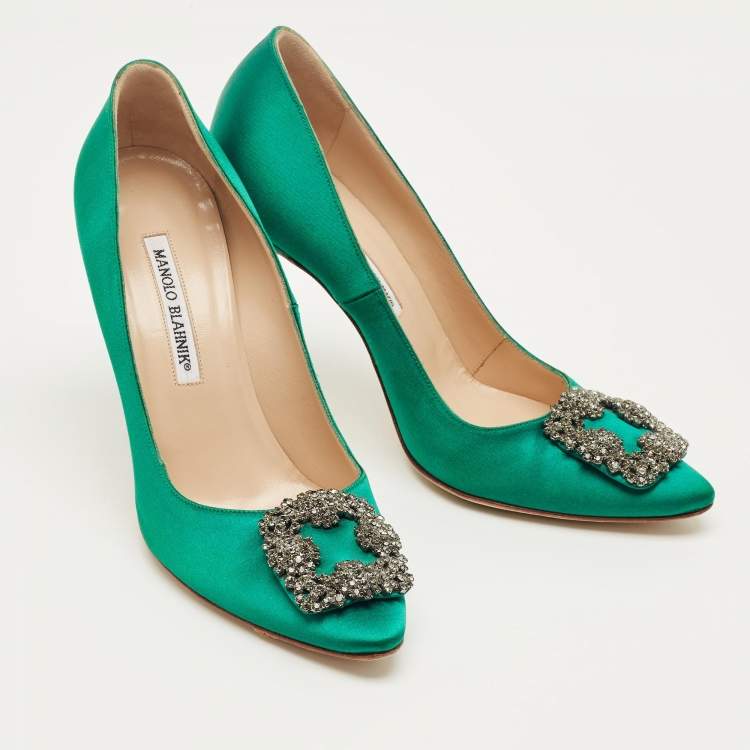 Pre Owned Manolo Blahnik Green Satin Hangisi Pumps Size 38.5