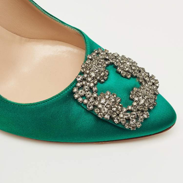 Pre Owned Manolo Blahnik Green Satin Hangisi Pumps Size 38.5