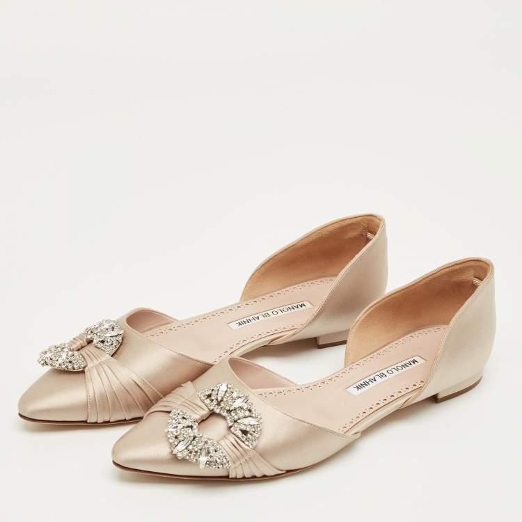 Pre Owned Manolo Blahnik Beige Satin Luanda Crystal Embellish Ballet Flats Size 38