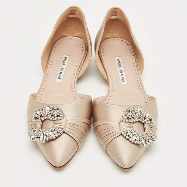 Pre Owned Manolo Blahnik Beige Satin Luanda Crystal Embellish Ballet Flats Size 38