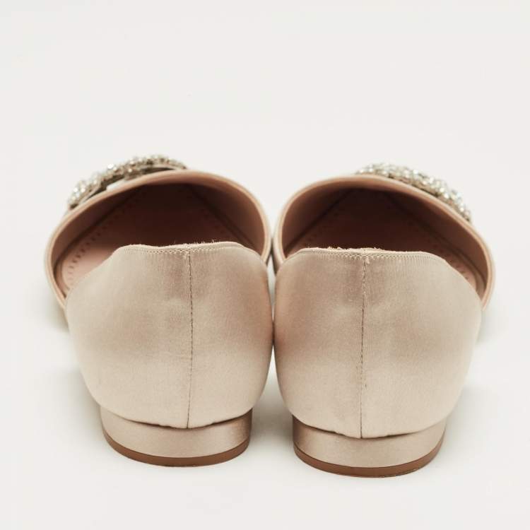 Pre Owned Manolo Blahnik Beige Satin Luanda Crystal Embellish Ballet Flats Size 38