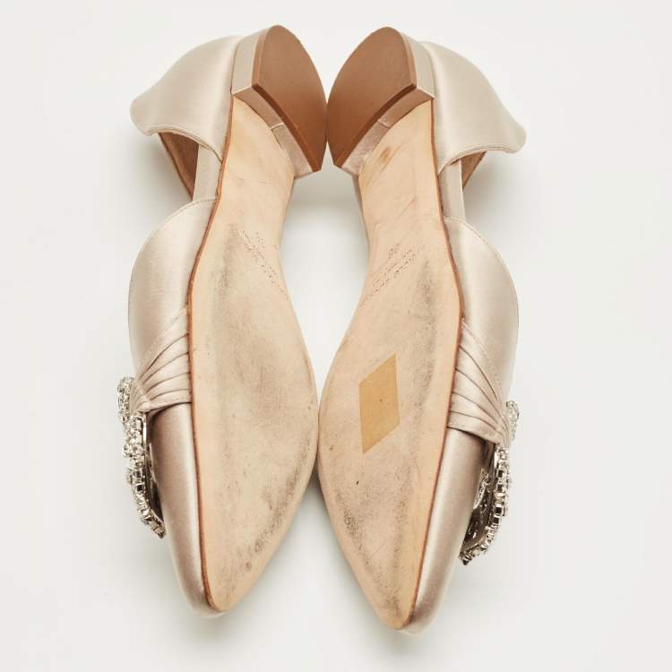 Pre Owned Manolo Blahnik Beige Satin Luanda Crystal Embellish Ballet Flats Size 38