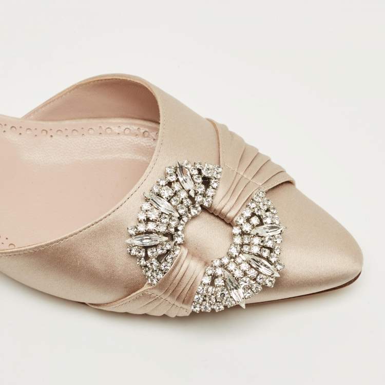 Pre Owned Manolo Blahnik Beige Satin Luanda Crystal Embellish Ballet Flats Size 38