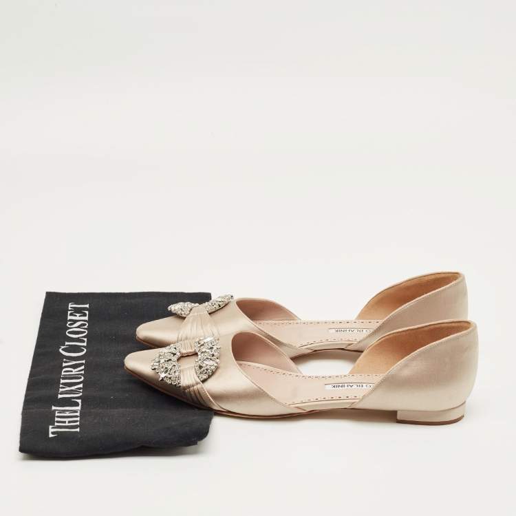 Pre Owned Manolo Blahnik Beige Satin Luanda Crystal Embellish Ballet Flats Size 38