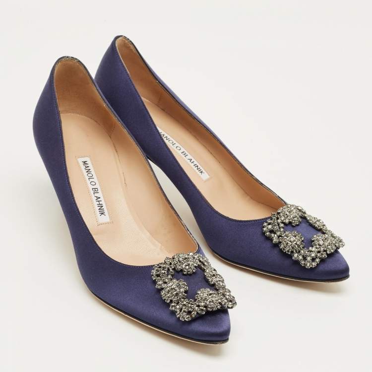 Pre Owned Manolo Blahnik Navy Blue Satin Hangisi Pumps Size 39.5