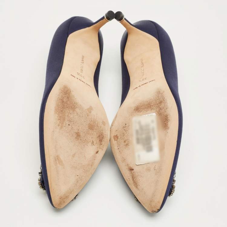 Pre Owned Manolo Blahnik Navy Blue Satin Hangisi Pumps Size 39.5