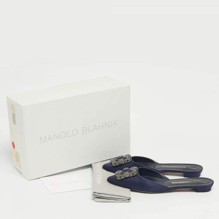 Pre Owned Manolo Blahnik Navy Blue Satin Hangisi Crystal Embellished Flat Mules Size 36.5