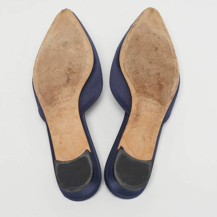 Pre Owned Manolo Blahnik Navy Blue Satin Hangisi Crystal Embellished Flat Mules Size 36.5