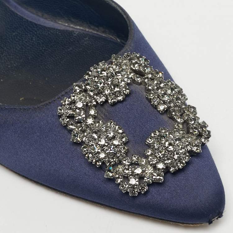 Pre Owned Manolo Blahnik Navy Blue Satin Hangisi Crystal Embellished Flat Mules Size 36.5