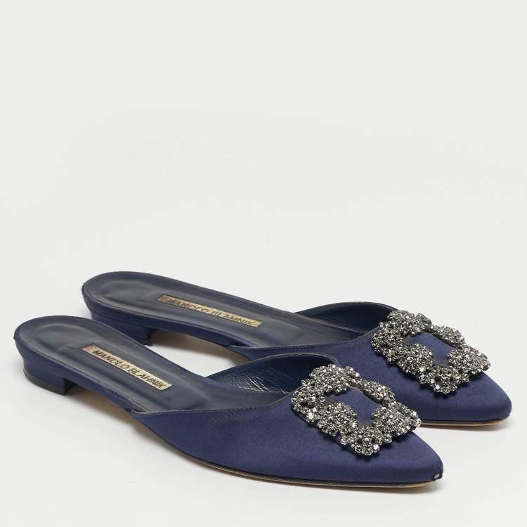 Pre Owned Manolo Blahnik Navy Blue Satin Hangisi Crystal Embellished Flat Mules Size 36.5