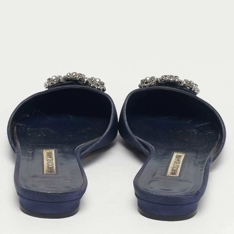 Pre Owned Manolo Blahnik Navy Blue Satin Hangisi Crystal Embellished Flat Mules Size 36.5