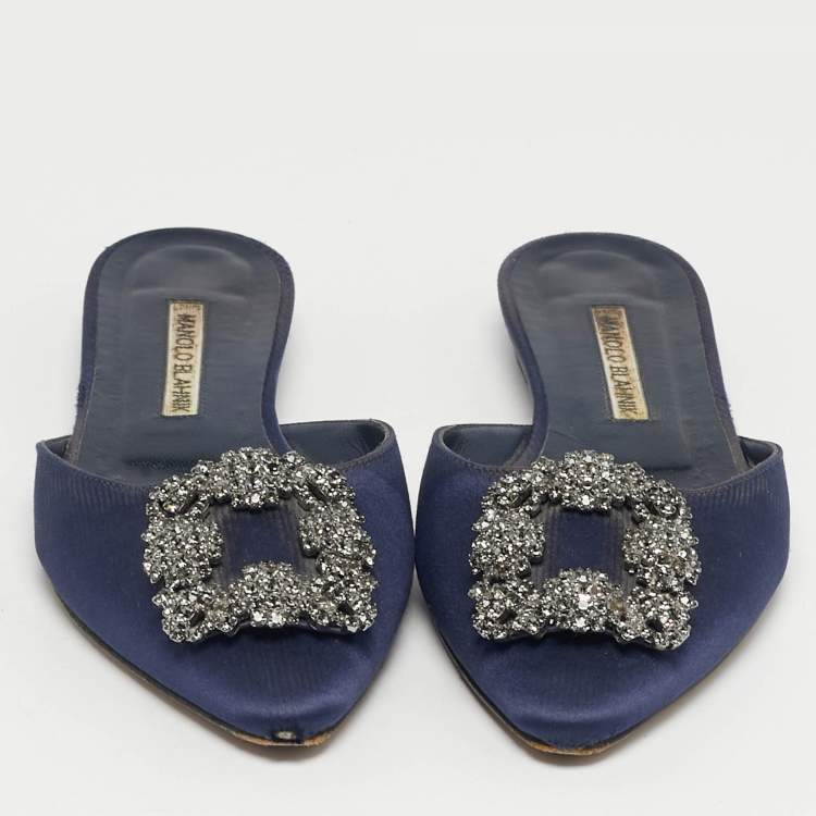Pre Owned Manolo Blahnik Navy Blue Satin Hangisi Crystal Embellished Flat Mules Size 36.5