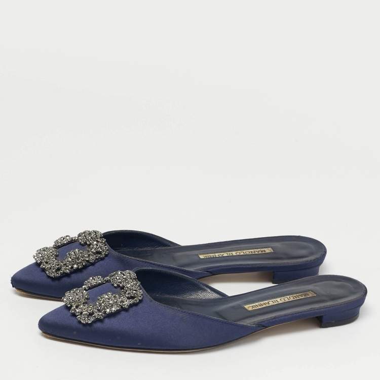 Pre Owned Manolo Blahnik Navy Blue Satin Hangisi Crystal Embellished Flat Mules Size 36.5