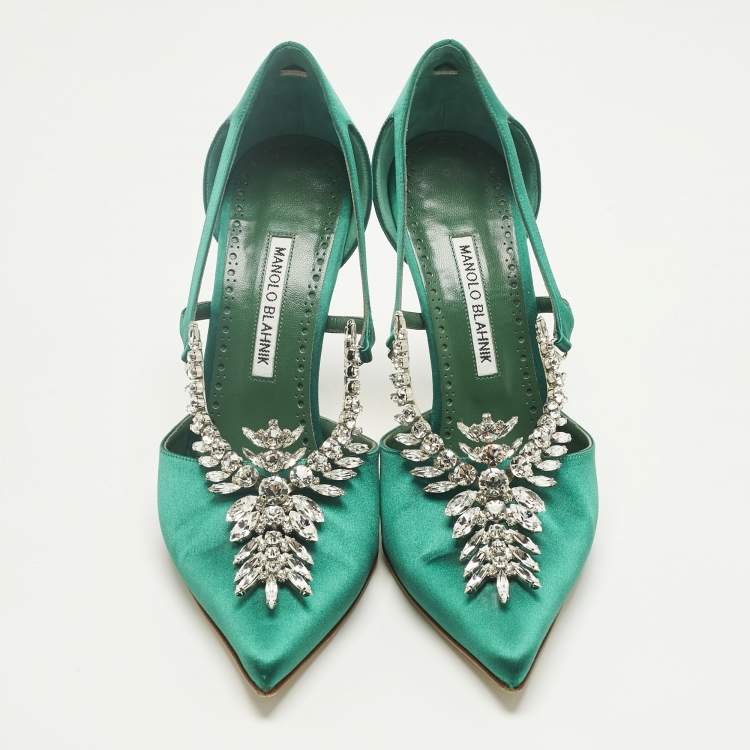 Pre Owned Manolo Blahnik Green Satin Lala Pumps Size 40